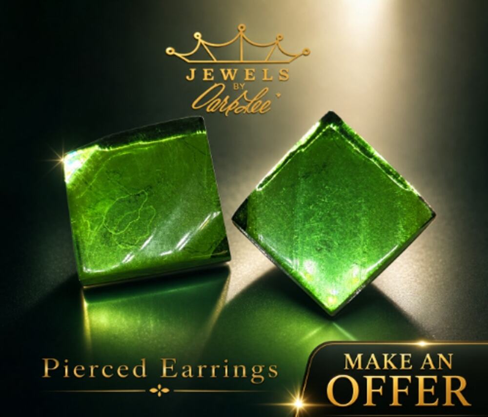 Vtg Park Lane Retro Foil Look Bright Green Square Pierced Earrings New NOS